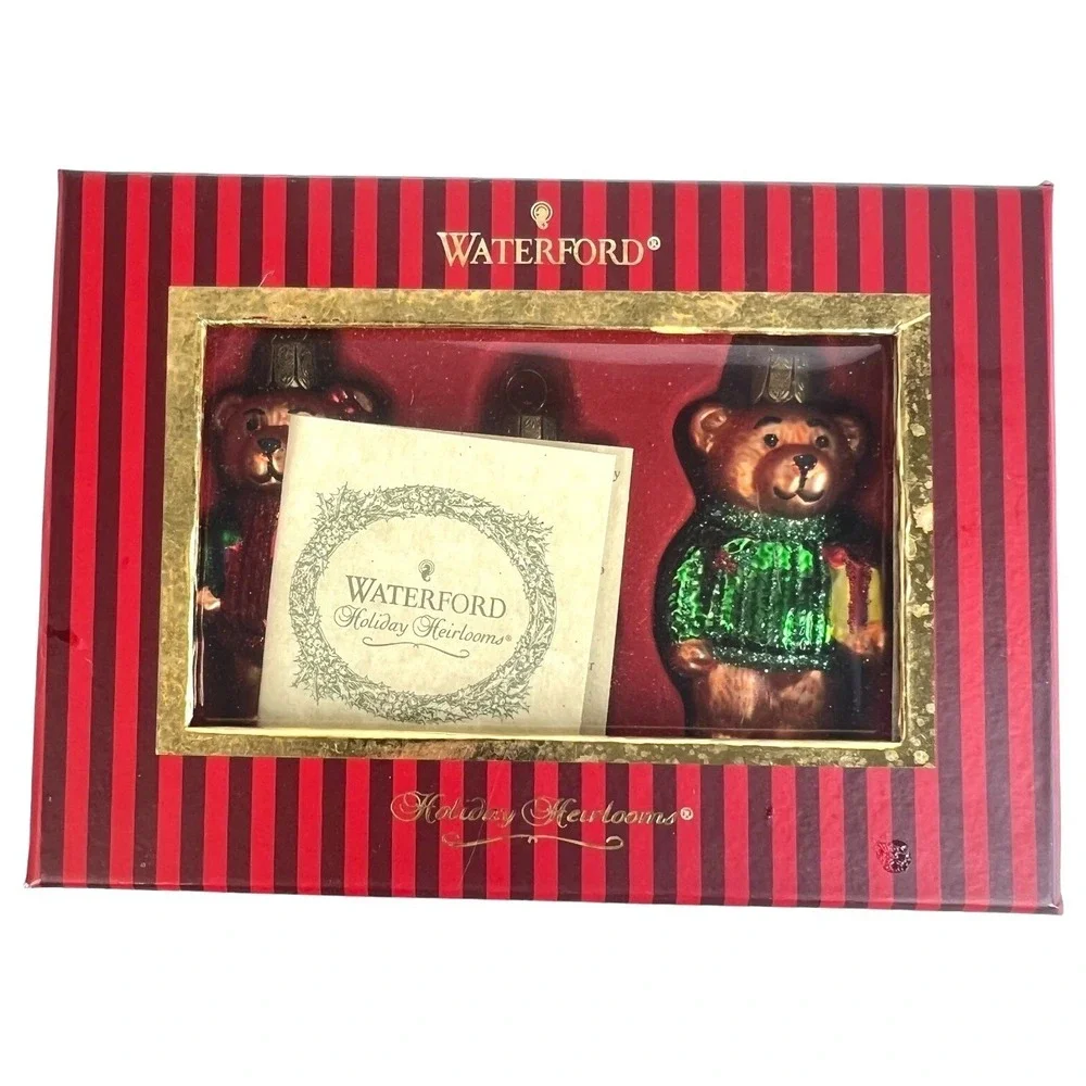 3 Waterford Christmas Teddy Bear Ornament Hand Painted Glass‎ Holiday Heirloom